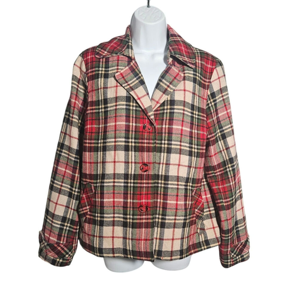 Cold Water Creek Plaid Wool Red Green Lined Short Holiday Christmas Jacket Sz 12